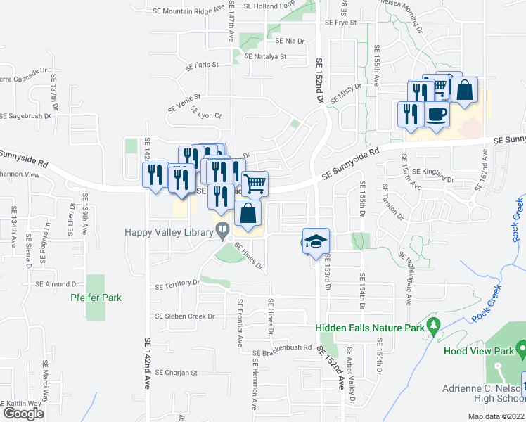 map of restaurants, bars, coffee shops, grocery stores, and more near 13637 Southeast 149th Terrace in Clackamas