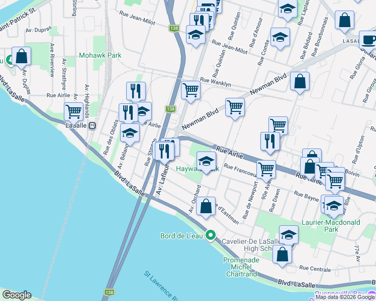 map of restaurants, bars, coffee shops, grocery stores, and more near 132 Rue Brosseau in Montréal