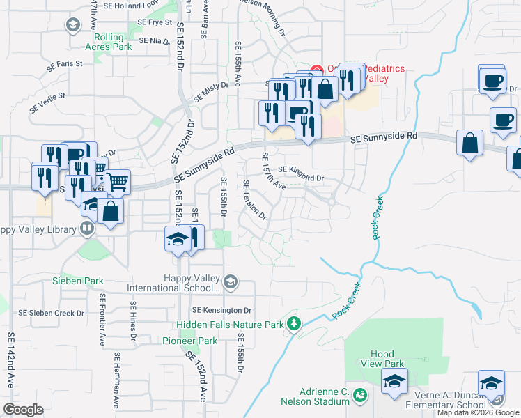 map of restaurants, bars, coffee shops, grocery stores, and more near 15700 Southeast Kestrel Drive in Happy Valley
