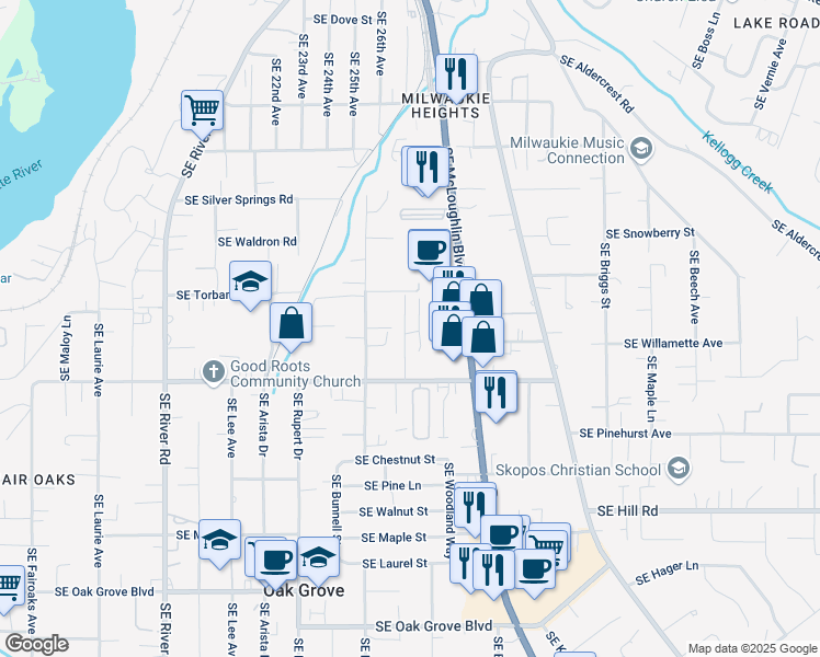 map of restaurants, bars, coffee shops, grocery stores, and more near 2615 Southeast Courtney Avenue in Milwaukie