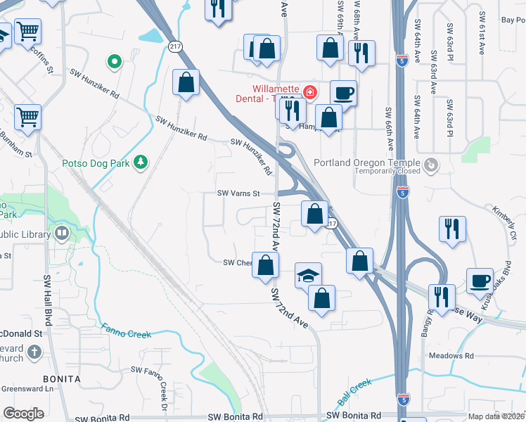 map of restaurants, bars, coffee shops, grocery stores, and more near 7330 Southwest Varns Street in Tigard