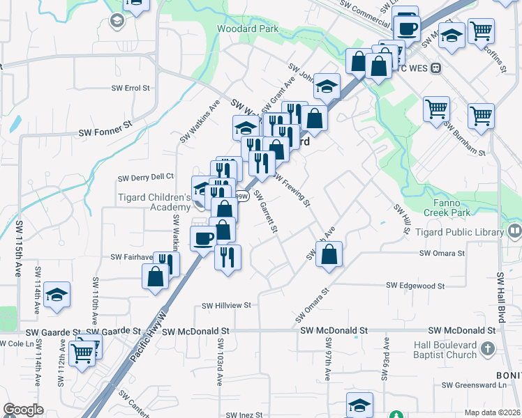 map of restaurants, bars, coffee shops, grocery stores, and more near 13200 Southwest Pacific Highway in Tigard