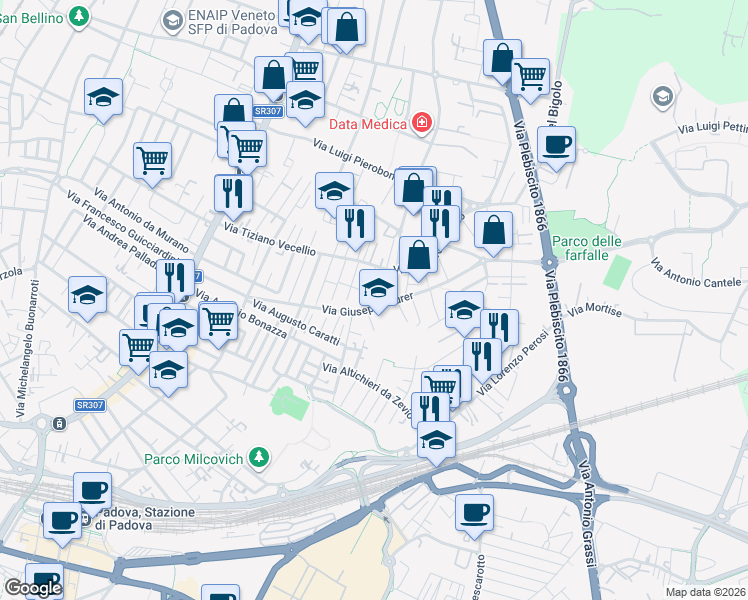 map of restaurants, bars, coffee shops, grocery stores, and more near 5 Via Umberto Giordano in Padova