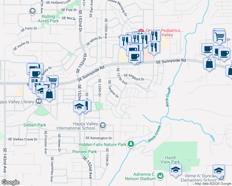 map of restaurants, bars, coffee shops, grocery stores, and more near 13660 Southeast Taralon Drive in Happy Valley