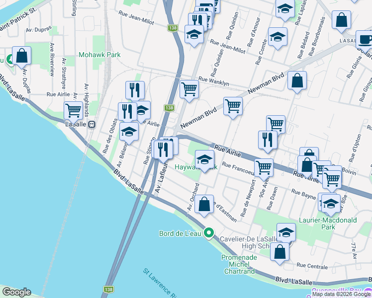 map of restaurants, bars, coffee shops, grocery stores, and more near 130 Rue Brosseau in Montréal