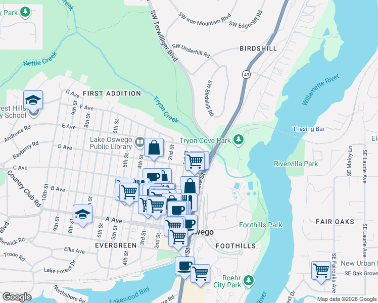 map of restaurants, bars, coffee shops, grocery stores, and more near 750 1st Street in Lake Oswego