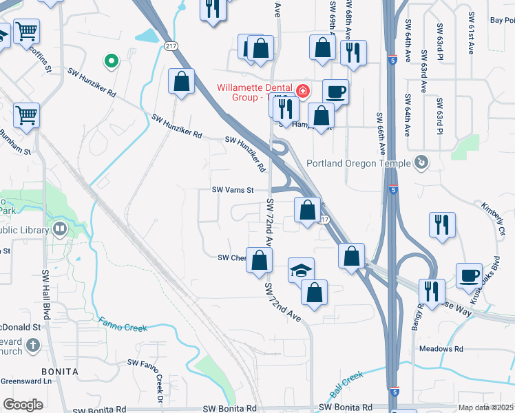 map of restaurants, bars, coffee shops, grocery stores, and more near 7330 Southwest Varns Street in Tigard
