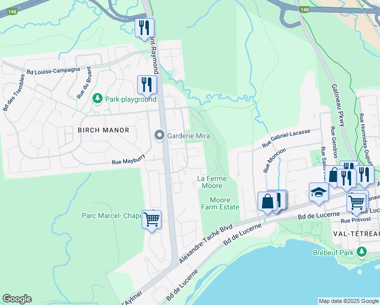 map of restaurants, bars, coffee shops, grocery stores, and more near 145 Avenue des Jonquilles in Gatineau