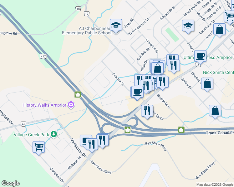 map of restaurants, bars, coffee shops, grocery stores, and more near 22 Ashbury Street in Arnprior