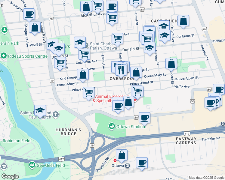 map of restaurants, bars, coffee shops, grocery stores, and more near 65 Lilas Private in Ottawa