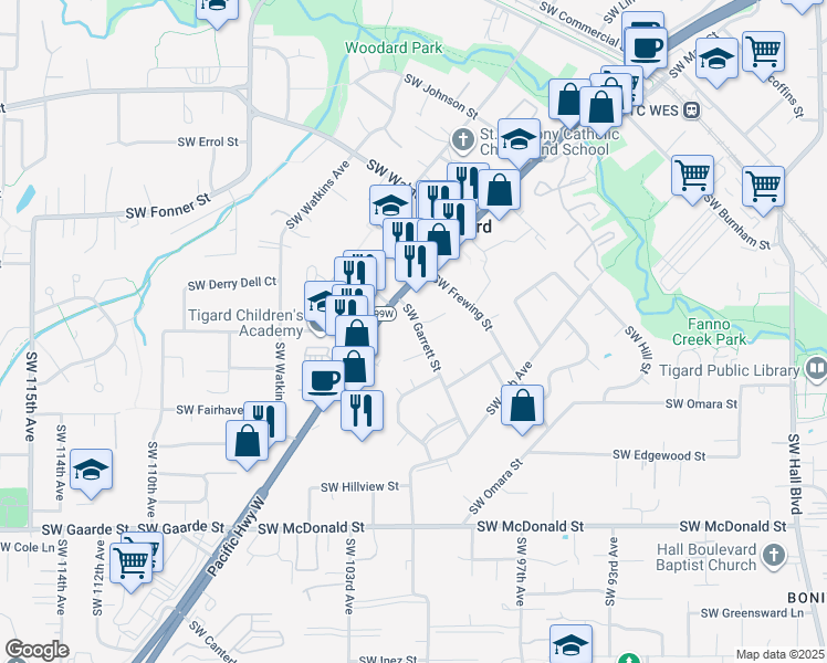 map of restaurants, bars, coffee shops, grocery stores, and more near 13200 Southwest Pacific Highway in Tigard