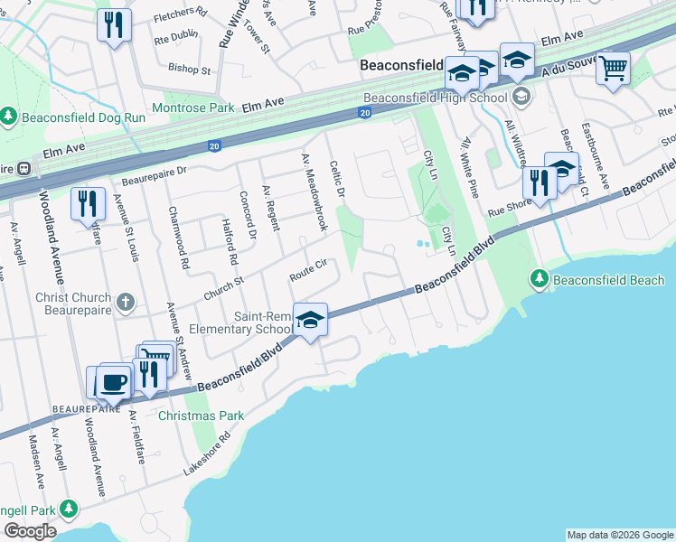 map of restaurants, bars, coffee shops, grocery stores, and more near 26 Circle Road in Beaconsfield
