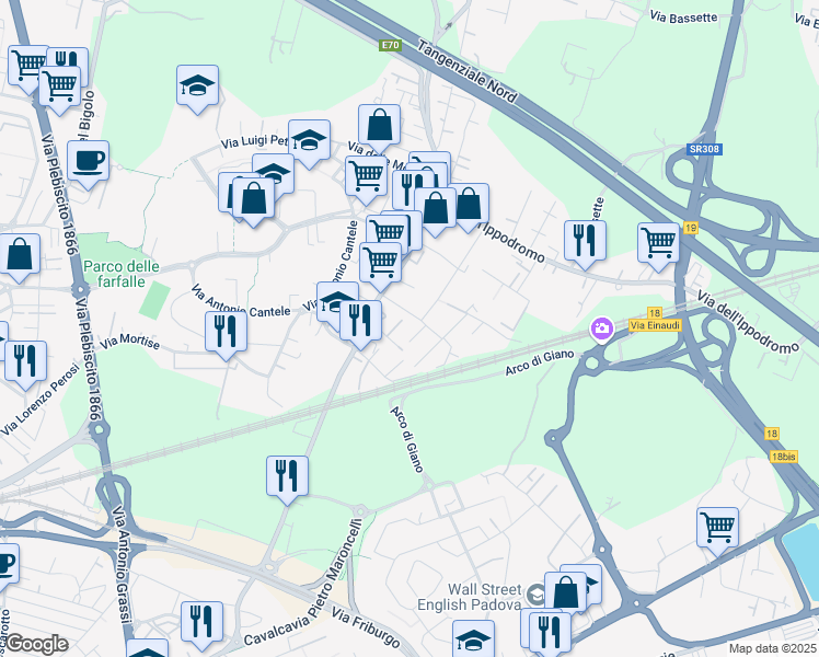 map of restaurants, bars, coffee shops, grocery stores, and more near 2 Via Cavalieri di Vittorio Veneto in Padova