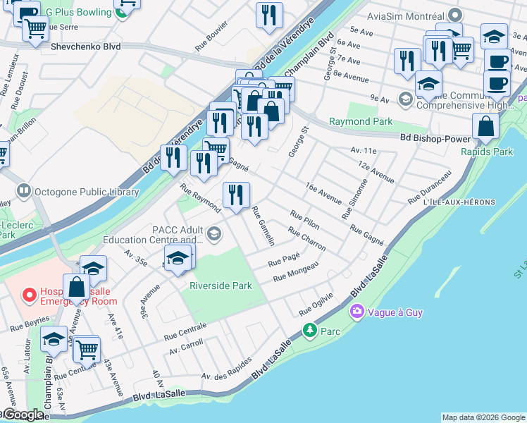 map of restaurants, bars, coffee shops, grocery stores, and more near 8200 Rue George in Montréal