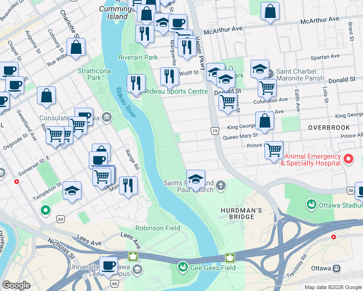 map of restaurants, bars, coffee shops, grocery stores, and more near 4 Queen Mary Street in Ottawa