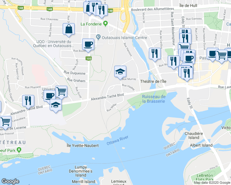 map of restaurants, bars, coffee shops, grocery stores, and more near 54 Boulevard Alexandre-Taché in Gatineau