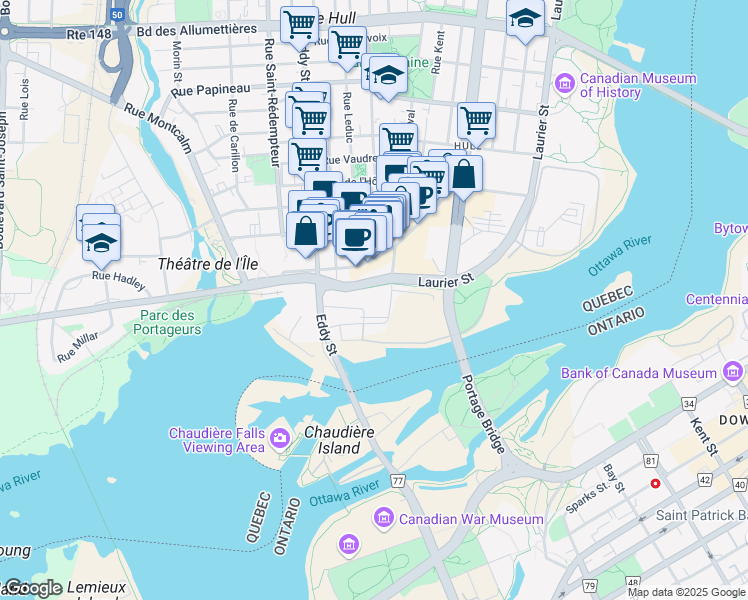 map of restaurants, bars, coffee shops, grocery stores, and more near 106 Promenade du Portage in Gatineau