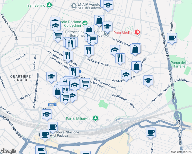 map of restaurants, bars, coffee shops, grocery stores, and more near 16 Via Annibale Padovano in Padua