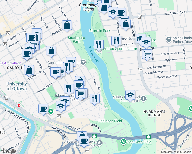 map of restaurants, bars, coffee shops, grocery stores, and more near 85 Range Road in Ottawa