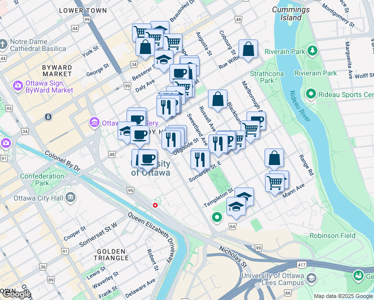 map of restaurants, bars, coffee shops, grocery stores, and more near 371 Nelson Street in Ottawa