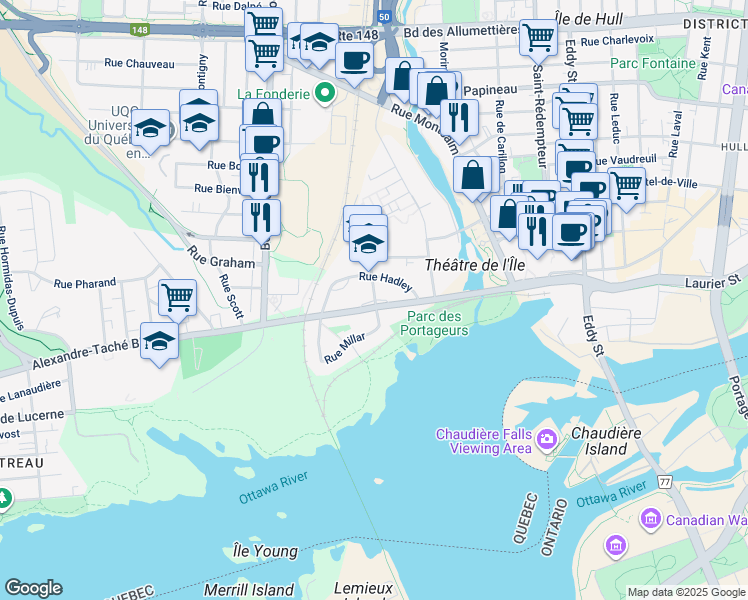 map of restaurants, bars, coffee shops, grocery stores, and more near 46 Boulevard Alexandre Taché in Gatineau