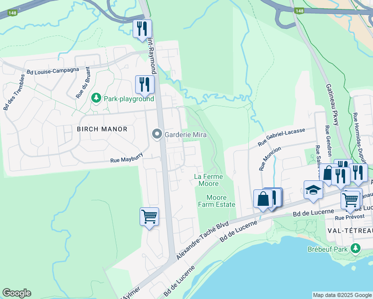 map of restaurants, bars, coffee shops, grocery stores, and more near 145 Avenue des Jonquilles in Gatineau