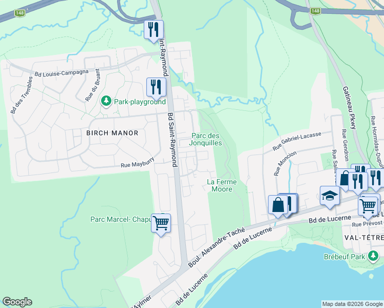 map of restaurants, bars, coffee shops, grocery stores, and more near 144 Avenue des Jonquilles in Gatineau