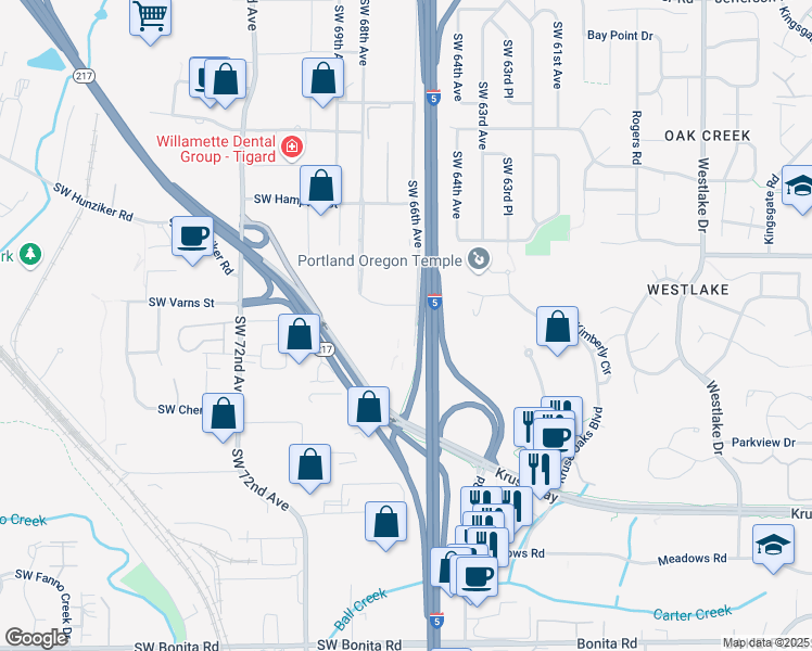 map of restaurants, bars, coffee shops, grocery stores, and more near 13221 Southwest 68th Parkway in Tigard