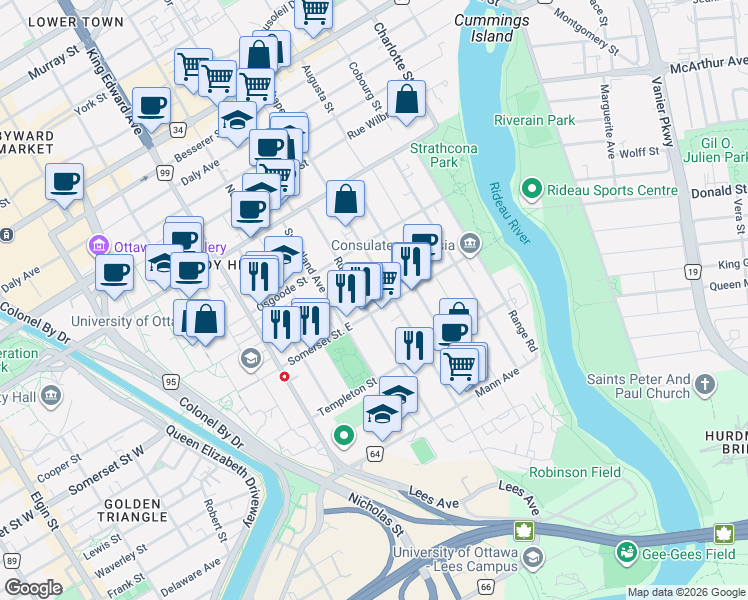 map of restaurants, bars, coffee shops, grocery stores, and more near 111 Russell Avenue in Ottawa