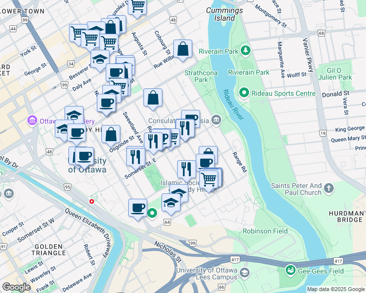 map of restaurants, bars, coffee shops, grocery stores, and more near in Ottawa