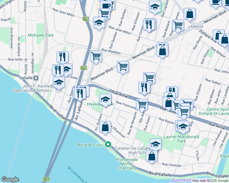 map of restaurants, bars, coffee shops, grocery stores, and more near Rue Airlie in Montréal