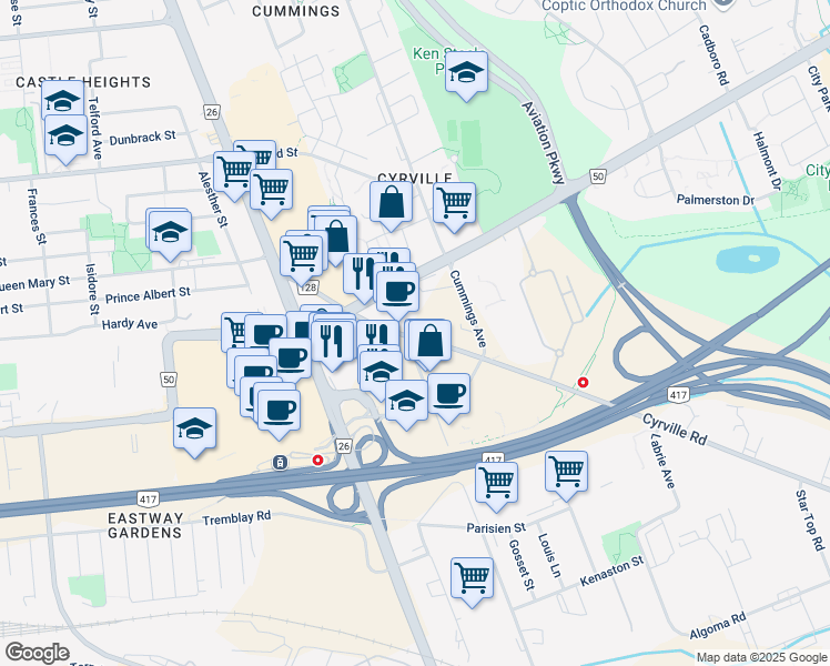 map of restaurants, bars, coffee shops, grocery stores, and more near 1125 Cyrville Road in Ottawa
