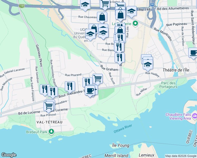 map of restaurants, bars, coffee shops, grocery stores, and more near 31 Rue Boucherville in Gatineau