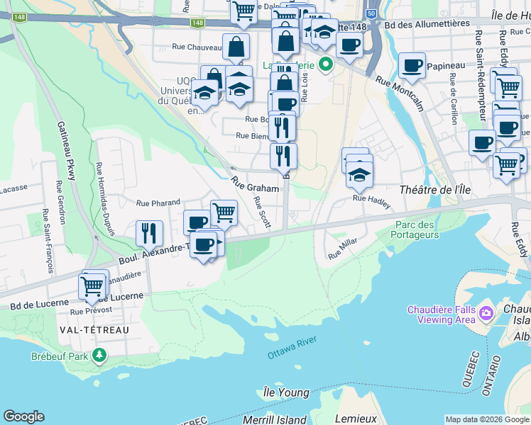 map of restaurants, bars, coffee shops, grocery stores, and more near 16 Rue Scott in Gatineau