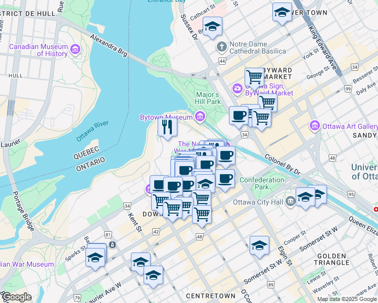 map of restaurants, bars, coffee shops, grocery stores, and more near 111 Wellington Street in Ottawa