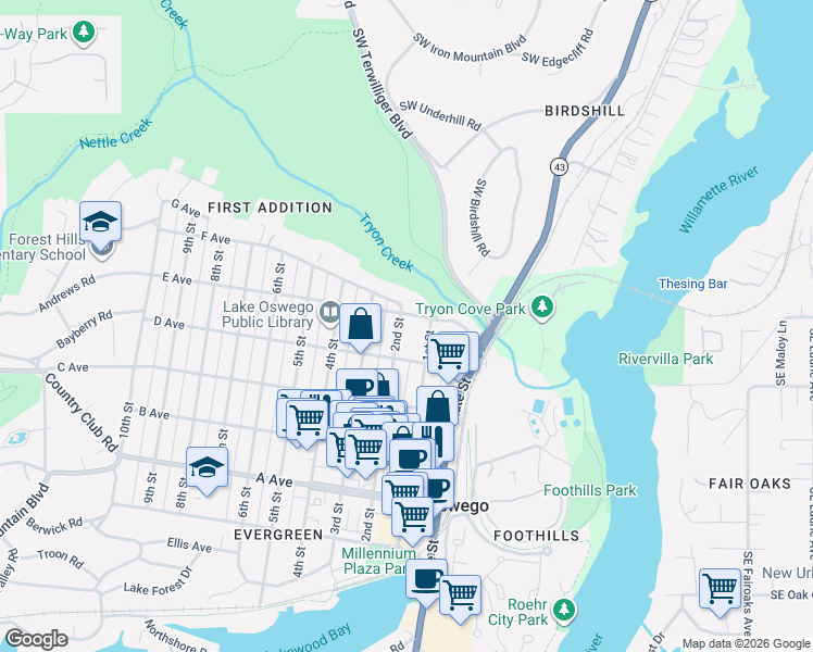 map of restaurants, bars, coffee shops, grocery stores, and more near 791 2nd Street in Lake Oswego
