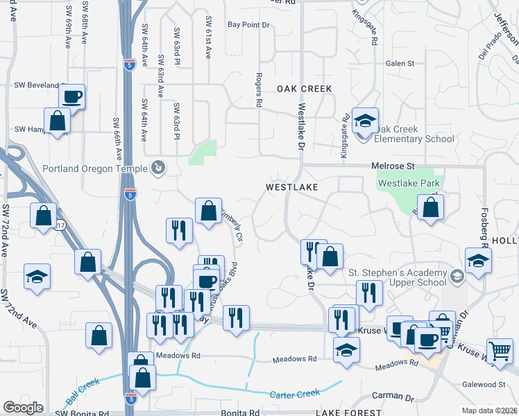 map of restaurants, bars, coffee shops, grocery stores, and more near 14170 Amberwood Circle in Lake Oswego