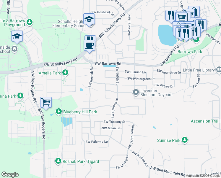 map of restaurants, bars, coffee shops, grocery stores, and more near 16082 Southwest Dewberry Lane in Portland