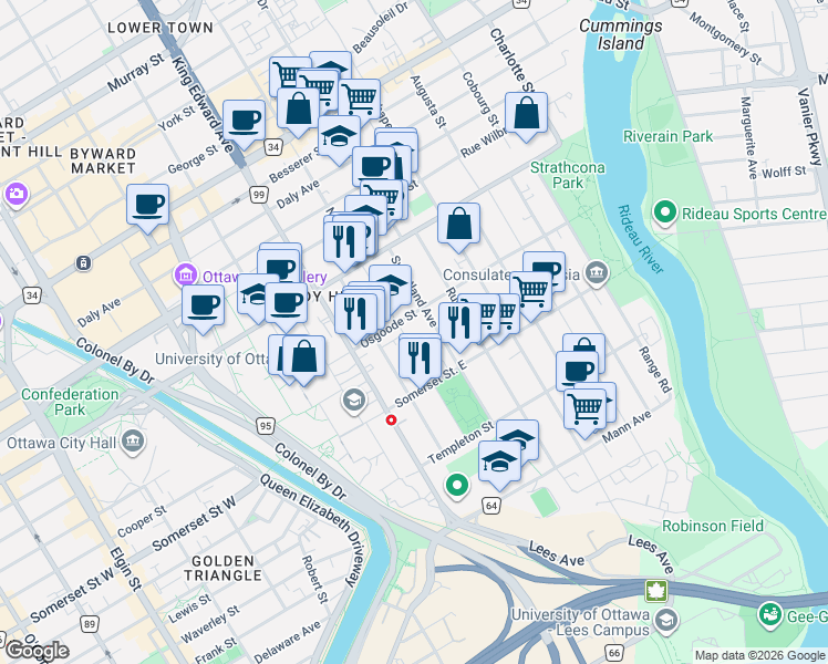 map of restaurants, bars, coffee shops, grocery stores, and more near 371 Nelson Street in Ottawa