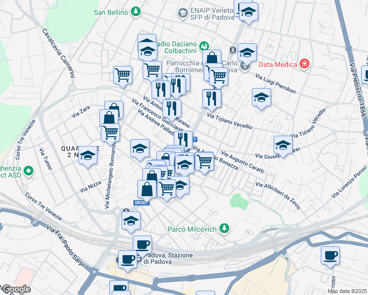 map of restaurants, bars, coffee shops, grocery stores, and more near 157 Via Tiziano Aspetti in Padua