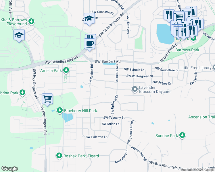 map of restaurants, bars, coffee shops, grocery stores, and more near 16075 Southwest Rockrose Lane in Portland