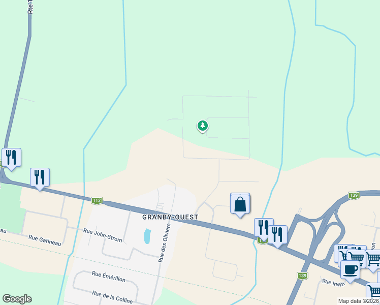 map of restaurants, bars, coffee shops, grocery stores, and more near 1193 Rue de Richmond in Granby