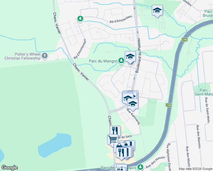 map of restaurants, bars, coffee shops, grocery stores, and more near 18 Impasse du Brouillard in Gatineau