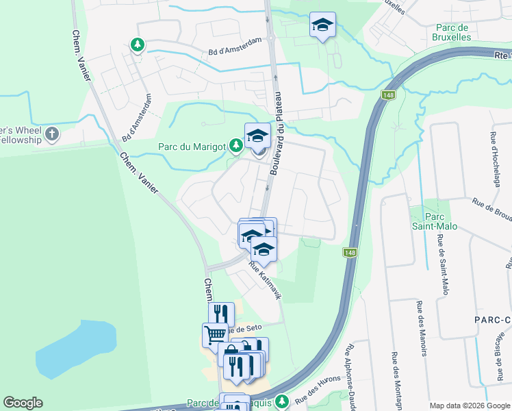 map of restaurants, bars, coffee shops, grocery stores, and more near 882 Boulevard du Plateau in Gatineau