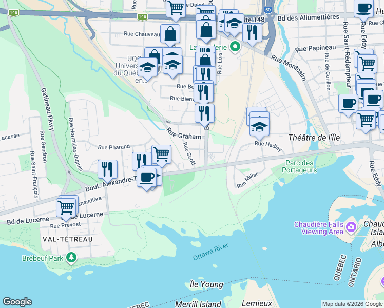 map of restaurants, bars, coffee shops, grocery stores, and more near 16 Rue Scott in Gatineau