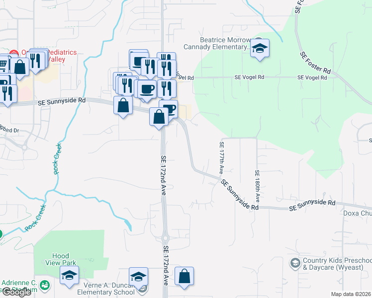 map of restaurants, bars, coffee shops, grocery stores, and more near 17430 Southeast Sunnyside Road in Damascus