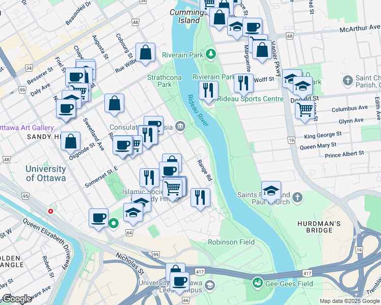 map of restaurants, bars, coffee shops, grocery stores, and more near 88 Range Road in Ottawa