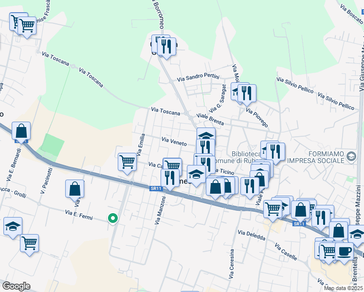 map of restaurants, bars, coffee shops, grocery stores, and more near 14 Via Veneto in Sarmeola
