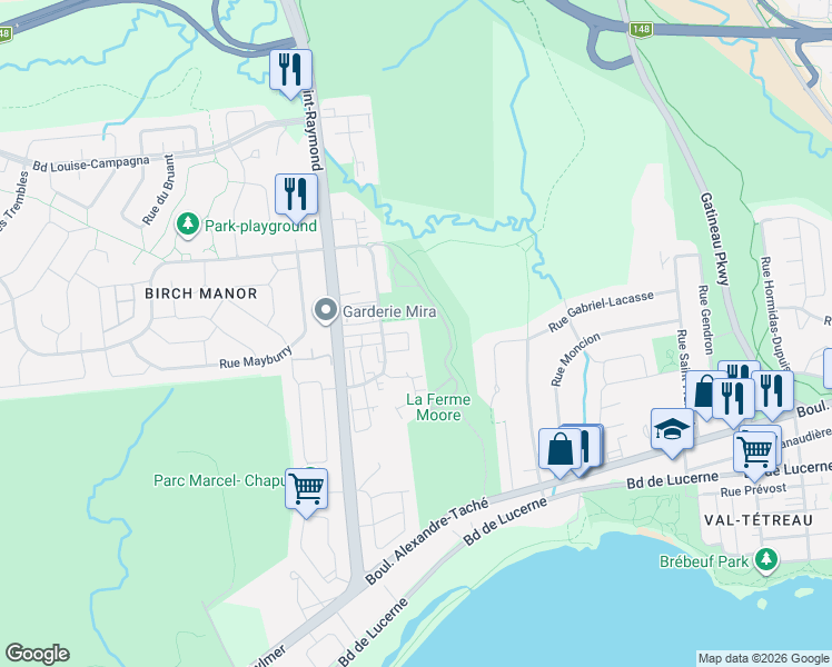 map of restaurants, bars, coffee shops, grocery stores, and more near 155 Avenue des Jonquilles in Gatineau