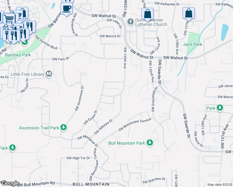 map of restaurants, bars, coffee shops, grocery stores, and more near 13585 Southwest Westridge Terrace in Tigard